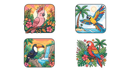 Vibrant tropical birds including parrots and toucans surrounded by lush foliage and scenic backgrounds © Amirul