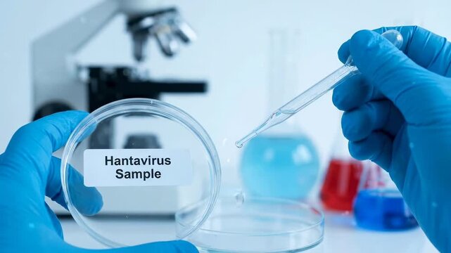 Hantavirus sample being carefully processed by a scientist in protective glove, demonstrating virus research in a controlled laboratory environment.