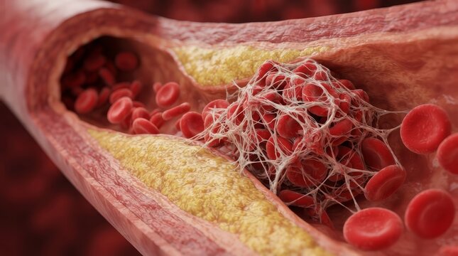 Artery wall thickens with yellow cholesterol plaque and a red fibrin clot causing an ischemic stroke.