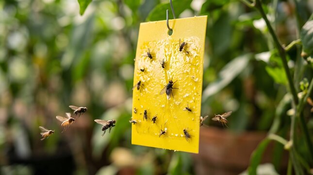 Yellow sticky trap catching flies in a garden for natural pest control.