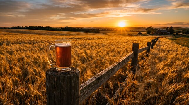 Beer mug on fence post in golden wheat field at sunset.