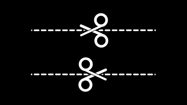 Simple black and white scissors icon cutting two opposite dashed lines representing a double trim edit or separation guide symbol for modern apps