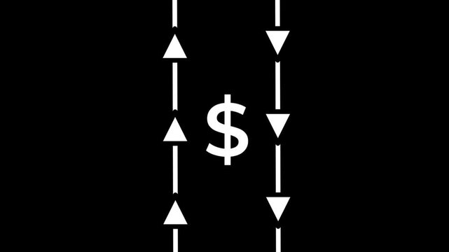Simple black and white dollar sign icon with vertical arrows pointing up and down representing a price change or exchange rate trend for modern app
