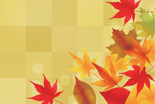 Golden Japanese Autumn Background with Colorful Maple Leaves