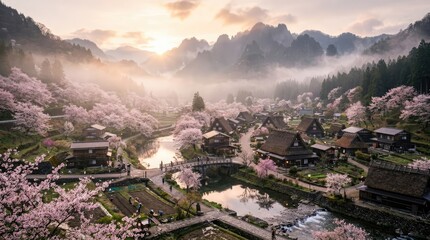Obraz premium Shirakawa-go Village with Cherry Blossoms at Sunrise