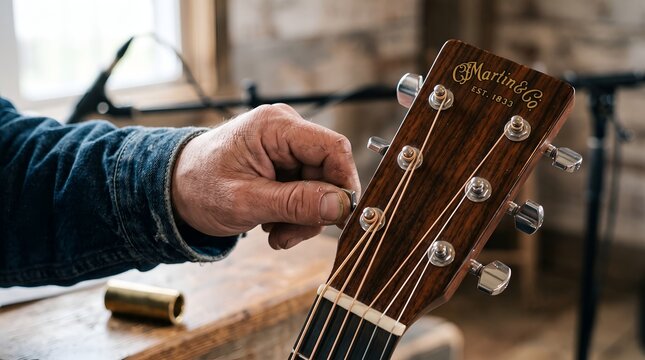 Close up of a man tuning an acoustic guitar headstock in a workshop