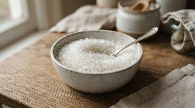 Bowl of sugar on wooden table.