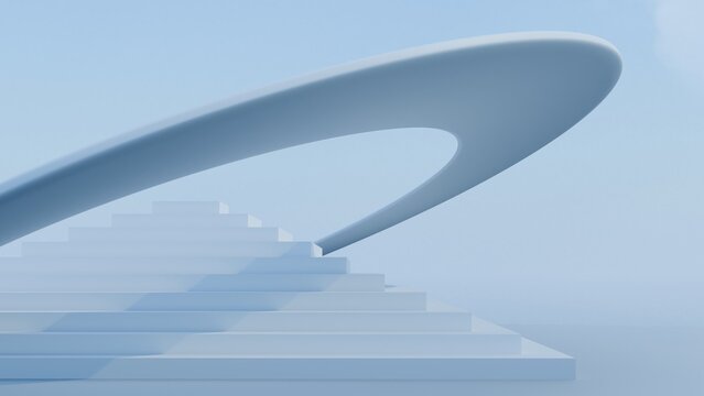 Conceptual 3D render of geometric stairs leading to a giant abstract arch for success path concept