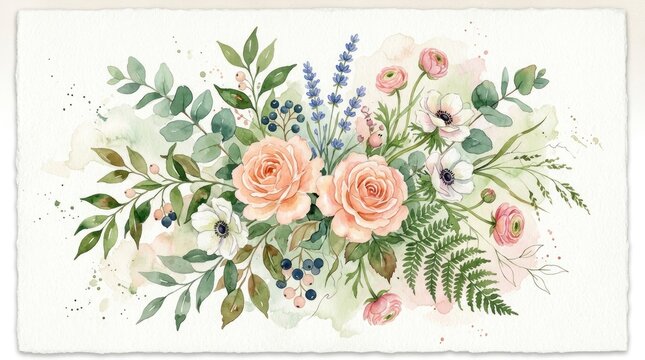 Watercolor floral bouquet with roses and green leaves arrangement.