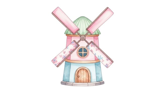 Watercolor windmill illustration in soft pink and blue.