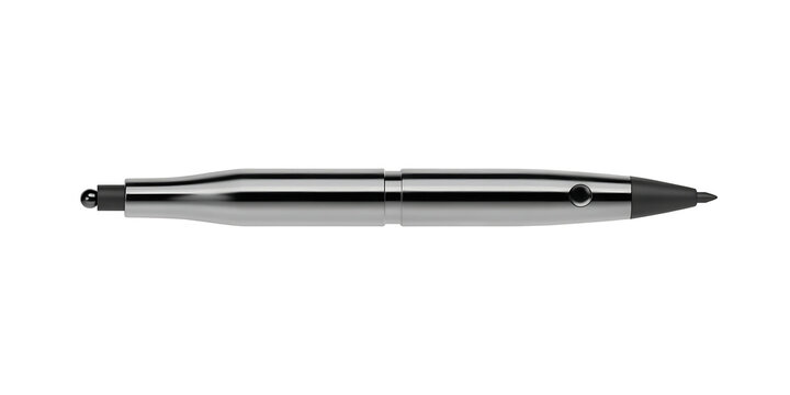 Sleek metallic stylus pen with black tip and button on white background