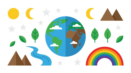 Obraz premium Colorful Flat Design Elements Representing Earth, Nature, and Environmental Sustainability Concepts, Perfect for Eco-Friendly Projects