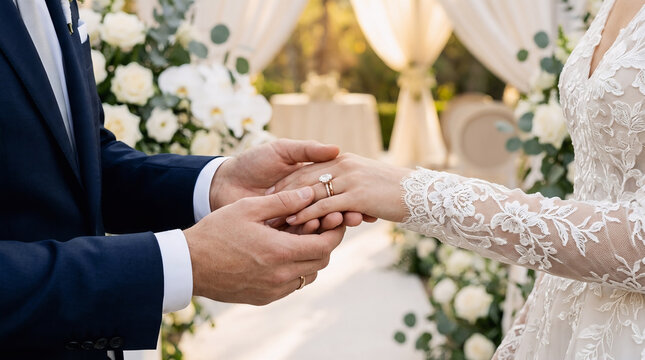 Groom placing wedding ring on bride finger during ceremony with marriage ceremony commitment