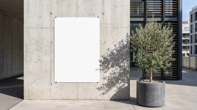 A large white poster board is mounted on a concrete wall next to a potted tree on a sidewalk in front of a modern building with large windows.