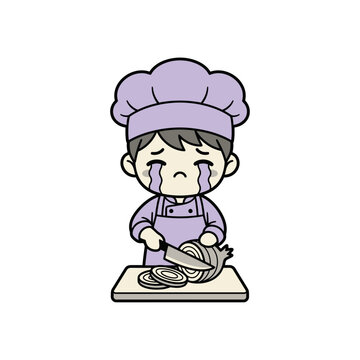Crying Chef Cutting Onion Kawaii Vector Illustration