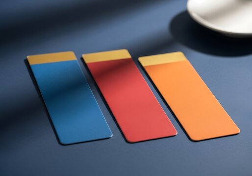 Three colorful rectangular bookmarks with gold accents on a dark blue surface