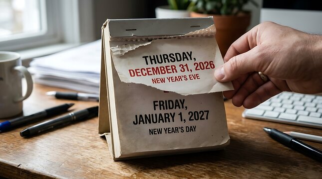 Person hand turning calendar page from December 31 2026 to January 1 2027 on wooden table.