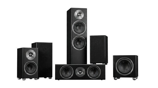 Acoustic System Showcase: A modern black acoustic system comprised of multiple speaker units, including a tall floor-standing speaker, bookshelf speakers, and a subwoofer.