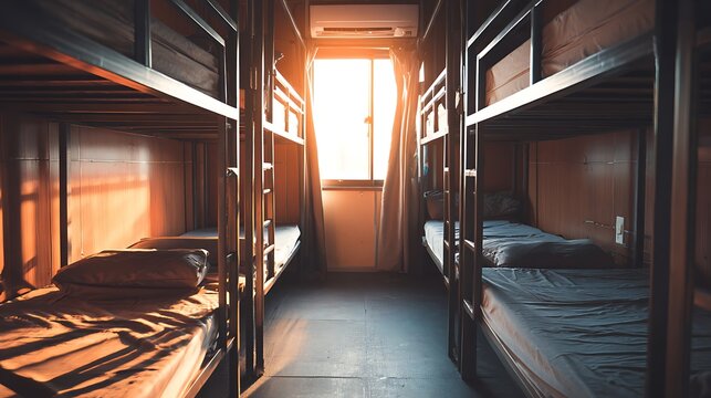 Cozy hostel dormitory room with bunk beds and warm sunlight.