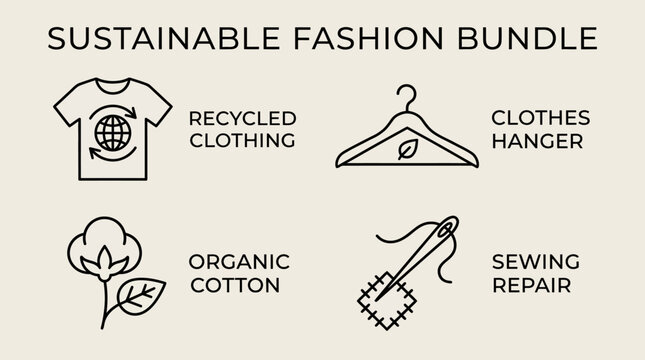 Green Fashion Icons Set Promoting Conscious Consumption, Sustainable Garments, Organic Materials, Clothing Recycling, and Repair Solutions for an Eco-Friendly Wardrobe