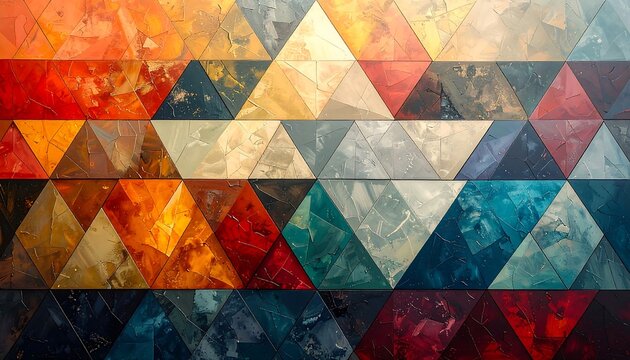 A mosaic of triangular tiles presents an abstract design. Various hues and textures create a rich, colorful pattern. The tessellated arrangement suggests depth