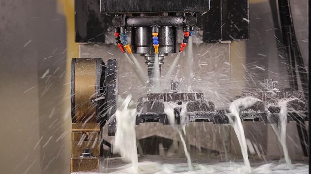 Thick streams of milky white liquid coolant fluid washing down over machined steel blocks clamped