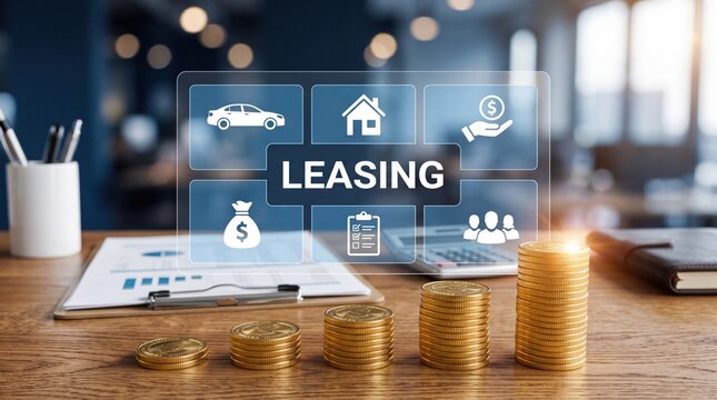 Leasing concept with icons for car house money people documents, financial growth shown by coin stacks, rental agreement illustration, asset financing options