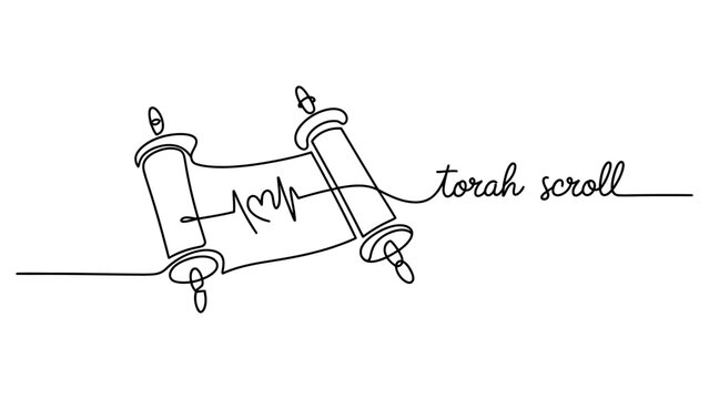 Torah scroll with heart beat line drawing continuous single line art for jewish religious design and spirituality concept