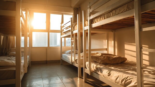 Sunlit hostel dormitory room with bunk beds at sunset.