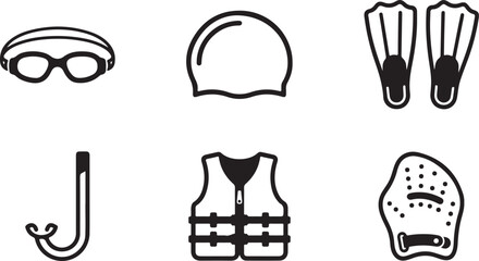 Set of six essential swimming and diving gear icons Vector © rohan