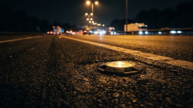 Illuminated road stud on asphalt highway at night with vehicle lights