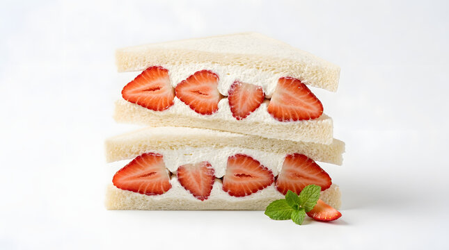 Delicious Japanese strawberry fruit sando with fluffy whipped cream and fresh berries. Isolated on a pure white background