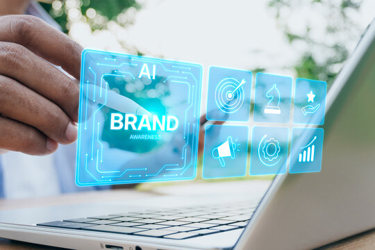 AI brand awareness strategy concept, digital marketing dashboard, business professional using artificial intelligence build brand recognition, customer engagement, marketing analytics, business growth