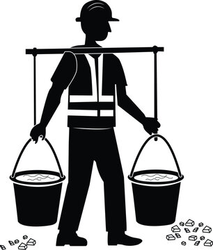 Construction Silhouette Illustration of Worker Carrying Buckets with Shoulder Pole