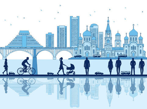 Blue City Skyline Vector Illustration with Bridge, Orthodox Cathedral, and People Silhouettes Reflecting in Water