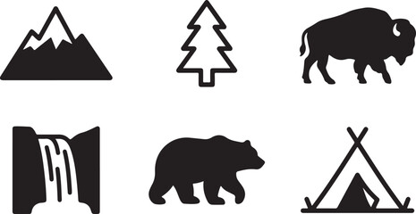 Black and white nature icons set with mountain, tree, bison, bear, waterfall, and tent Vector © rohan