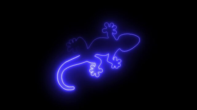 Glowing purple neon outline of a gecko crawling on black background abstract animation digital art