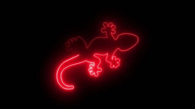 Neon outline lizard silhouette glowing on black background abstract minimalist reptile animation