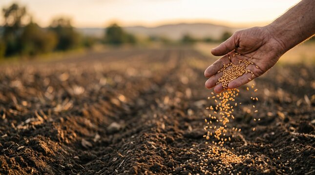 Human hand scattering seeds on tilled farmland at golden hour sunset