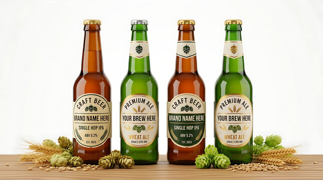 Four bottles of craft beer, two amber and two green, displayed with hops and barley on a wooden surface.