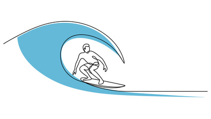 Continuous single line drawing of a man surfing on a big ocean wave © Dulal