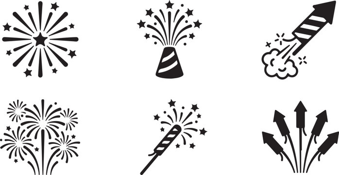 Set of six different fireworks and sparkler vector icons Vector