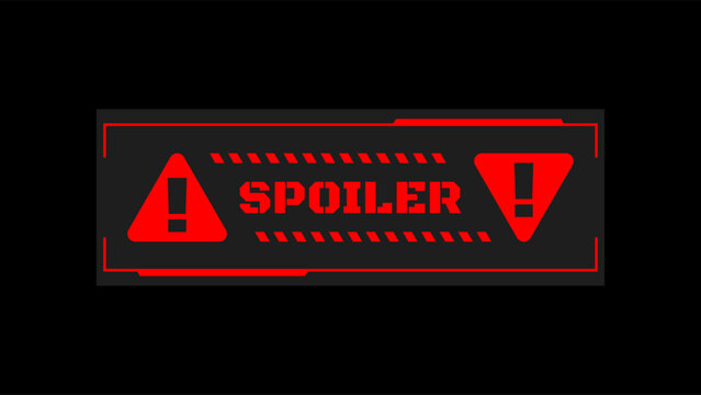 Futuristic spoiler alert warning banner in red and black sci-fi style. Spoiler tag vector icon with exclamation mark for movie, game, and media content.