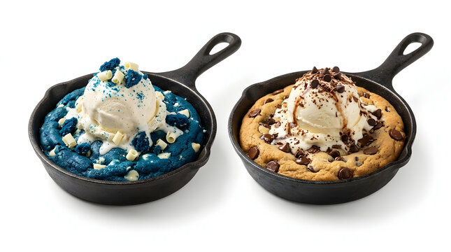 Warm skillet cookie sundaes topped with vanilla ice cream. Features classic chocolate chip and vibrant blue monster cookies