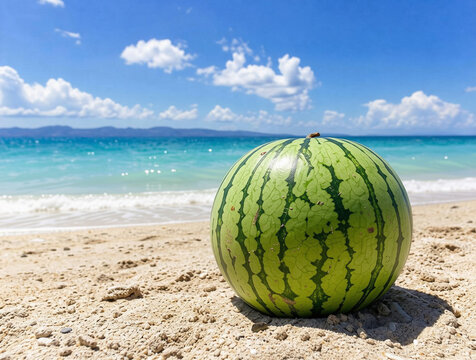 Whole watermelon on a sandy beach with beautiful tropical sea background
