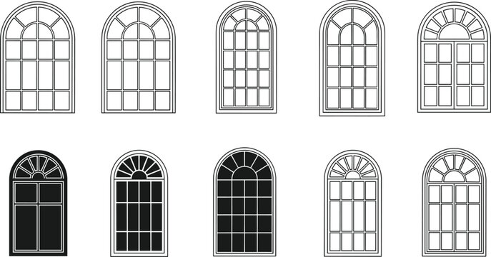 Arch window frame vector illustration set with classic arched glass panelling outlines for architectural design concepts