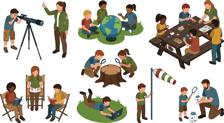 Obraz premium Isometric children science camp vector elements collection with kids exploring nature astronomy biology geography and outdoor educational activities,