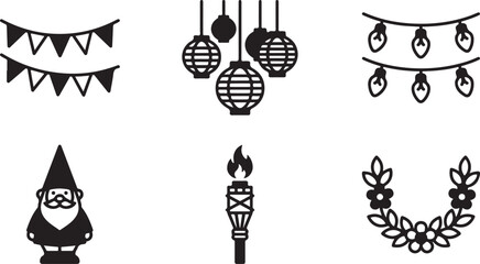 Fototapeta premium Black and white festive holiday icons set with lanterns and gnome Vector