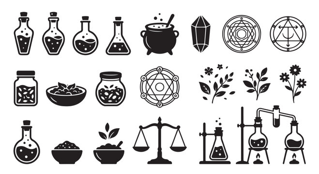 A collection of black silhouette vector icons depicting various alchemical tools potions ingredients and mystical symbols for magical practices alchemy potion