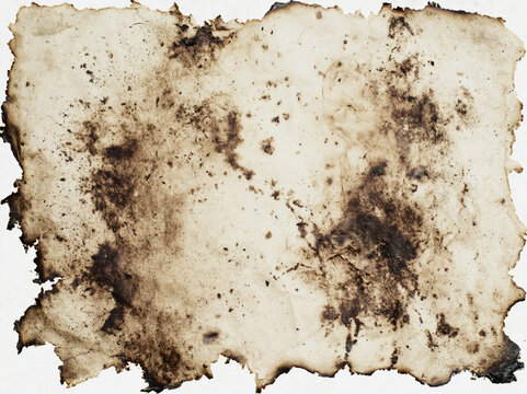 周囲が焦げて破れた羊皮紙のようなヴィンテージ調の古い紙テクスチャ歴史的な文書やレトロなデザインを演出する背景素材。Vintage old paper texture with burnt edges damaged parchment sheet stained with ink spots and soot details for retro graphic design backgrounds